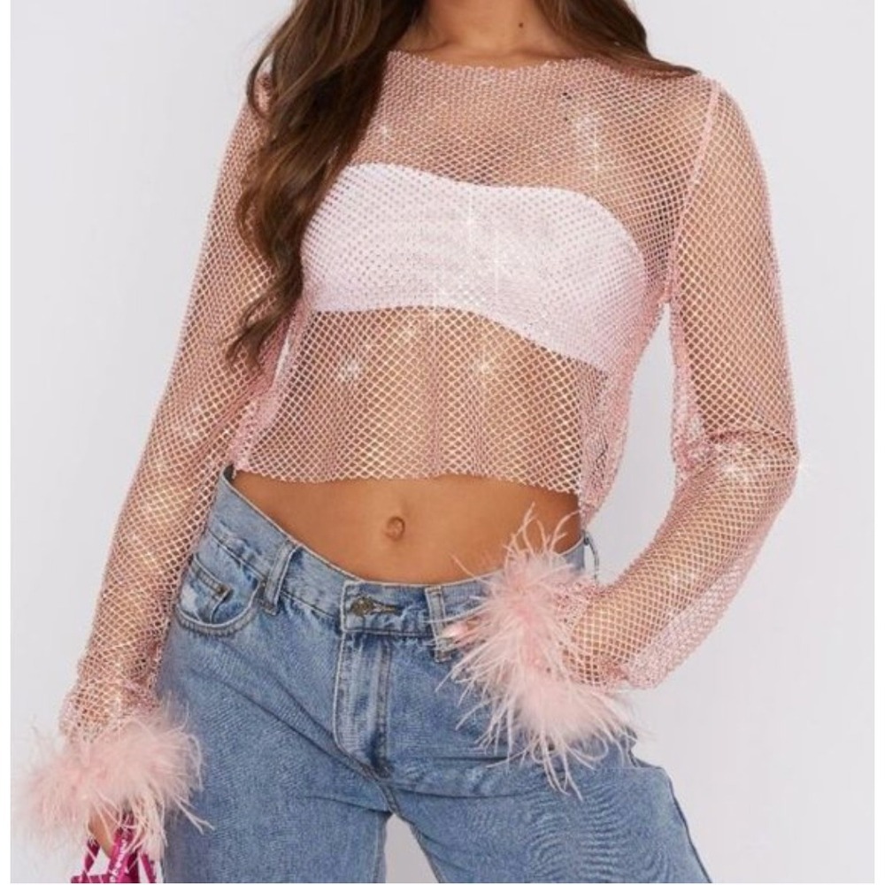 White Fox Long Sleeve Mesh Crop Top Pink Womens M/L Feather Party Concert